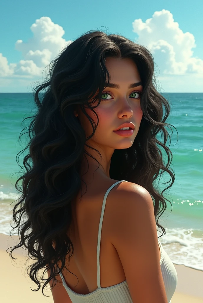 A Brazilian woman with long curly black hair and green eyes and fair skin looking at the sea