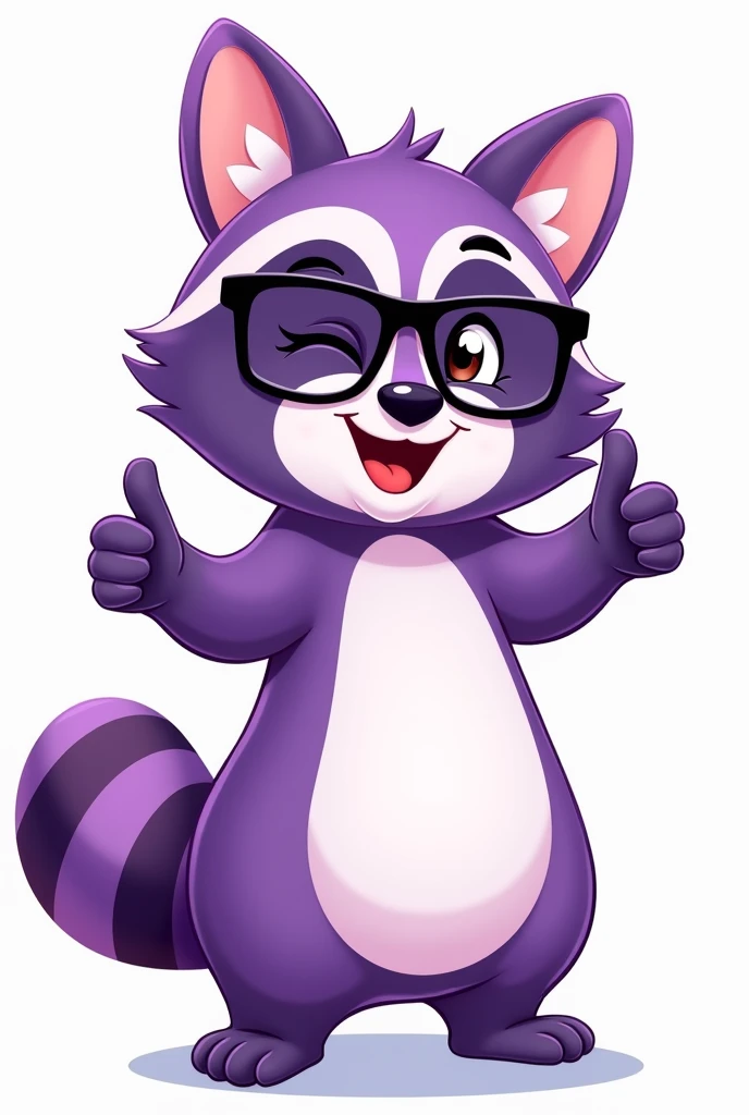 The image depicts a cartoon character that is a purple raccoon., standing. He wears black-framed glasses and has a friendly, playful expression., with a smile and one eye winking. The raccoon&#39;s paws are raised, Making a sign of "great" (thumbs-up). The raccoon has a white snout and belly, with purple fur and dark purple stripes on the tail. The image conveys a feeling of fun and friendliness..