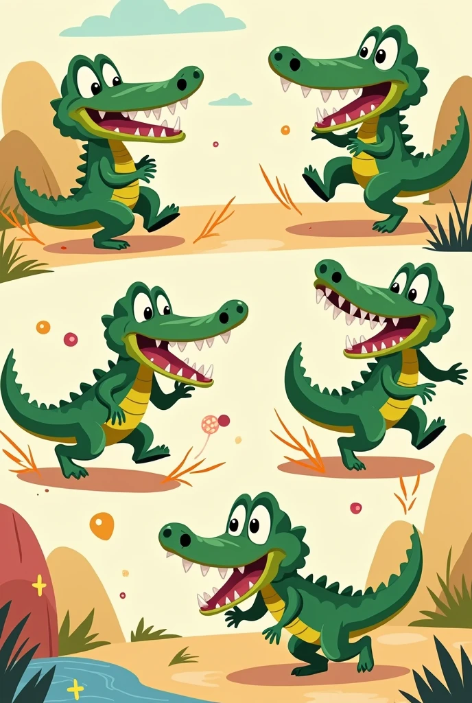 crocodile running late cartoon for toddlers various poses