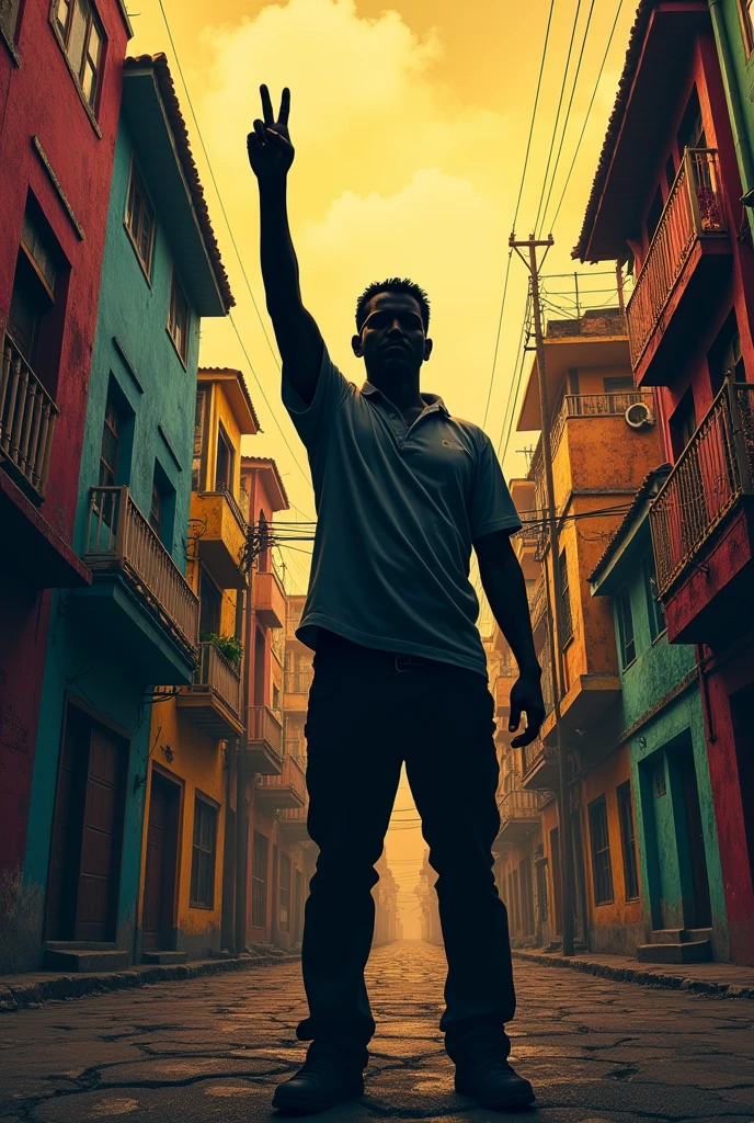 with his back to the favela with his hand making a three-finger sign 
