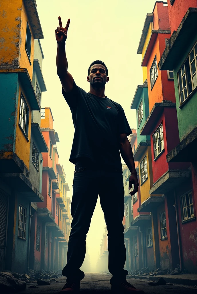 with his back to the favela with his hand making a three-finger sign