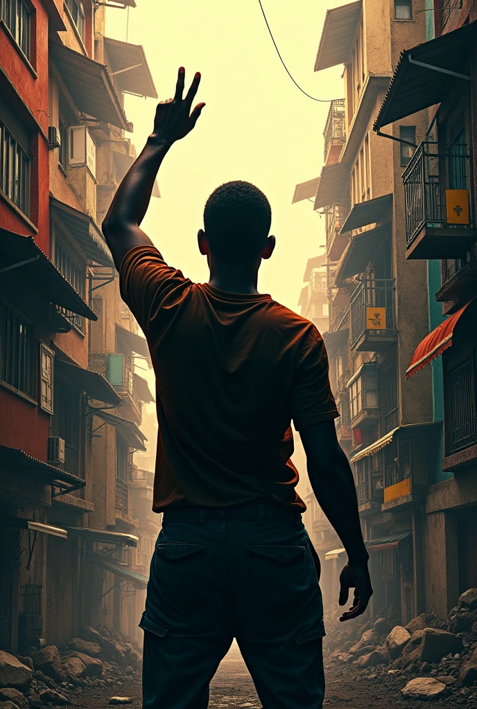  with his back to the favela with his hand making a three-finger sign 