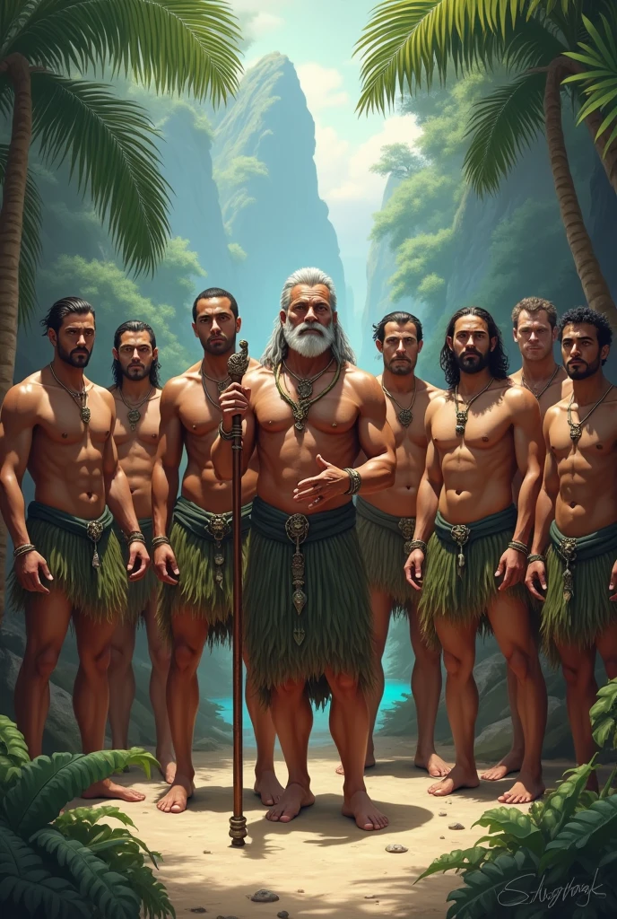 A certain island led by a mature and muscular man with a cane in his hand and around him 10 handsome men of different ages, different skin tones with perfect bodies and loincloths 