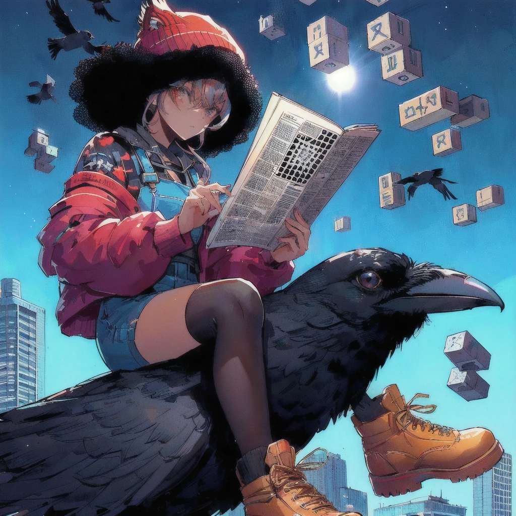 クロスワードパズルを持ったCrowに乗っている人のクローズアップ, Blocks with letters floating in the sky, 空にCrow, in style of Laurie Greasley, Crow, Alena Aenami and Android Jones, Laurie Greasley, Greg Beeple, Eddie Mendoza, Crow black, Published art, By Gonzalo Endara Crowe, alex gross, Inspired by Josan Gonzalez, 80s anime style, City Girl Fan Art, Just a joke
