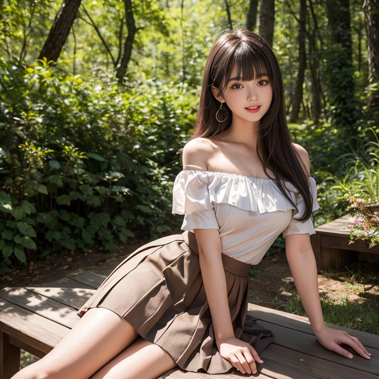 long skirt,skirt,Wearing a pleated skirt, （Wear black stockings）,(knee shot), 1 female, On the face, laughing out loud, light brown hair, blunt bangs, hair behind ears, Shoulder length hair, long hair, Slender body type, 超face slimming型, face slimming, delicate lips, beautiful eyes, Thin blush, Eyes are light brown,Check it out here, (actual:1.3), Coniferous forest, One person's perspective, 8k, on the table, , Super detailed, high quality, best quality, High resolution, ，Large Breasts，H Cup, Off-shoulder tops，