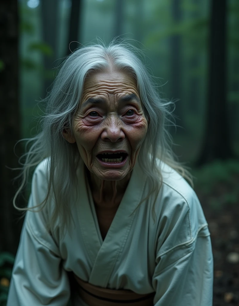 (masterpiece:1.4),(6 Female:1.5),(facial wrinkles 1.2), (Wearing a white kimono), Elderly women, ((90 years old)), Gray Hair, horror film, ((Crying in fear)), View your viewers, ((Japanese)), (Mouth slightly open), Her hair is long and unkempt., The face is turned to the side, Sweating, in the forest、whole body