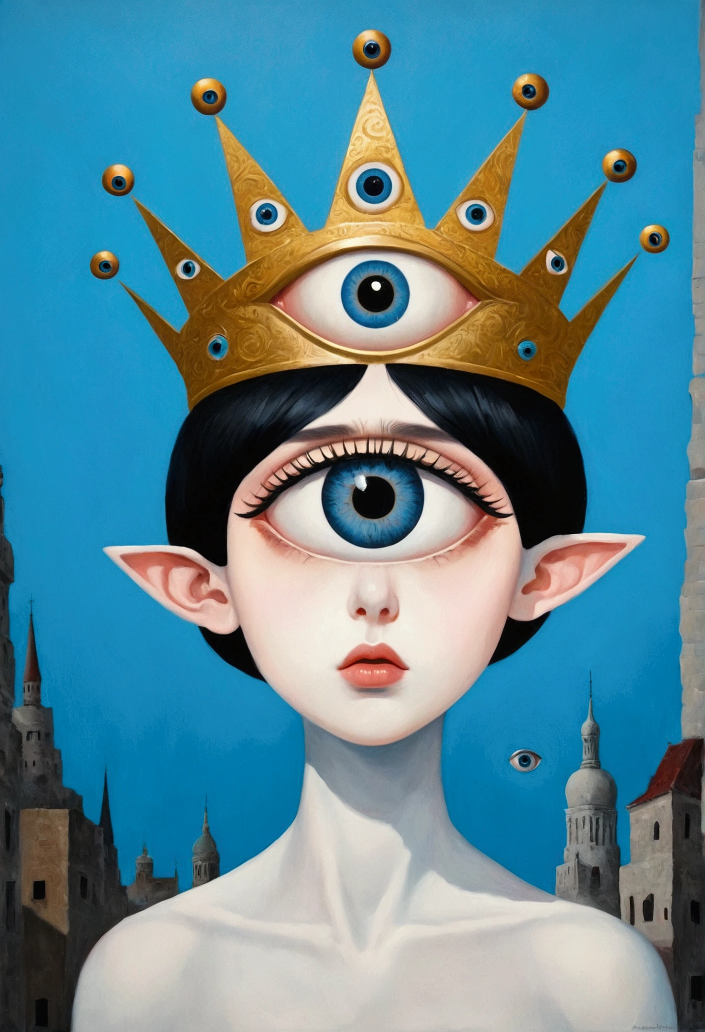 There is a blue eye in the painting，Wearing a golden crown, Andrei Korkutin (Andrei Kolkoutine) Surrealism, Winner of the Behance competition, Pop surrealism, Portrait of a mysterious giant eye, All-Seeing Eye, eyeball, All-Seeing Eye, s eyes, void eyeballs, Futuristic ballroom. big eyess, big eyes, The Third Eye, Third Eye Vision