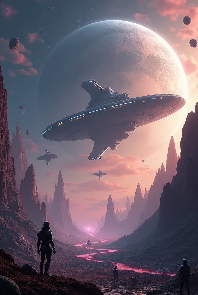 Visualize a cosmic landscape where a massive spaceship hovers above a mysterious, ringed planet with swirling, colorful clouds. The planet’s surface is dotted with colossal alien structures that emit a soft, pulsating light. Nearby, an asteroid field glows with an otherworldly luminescence, and a distant nebula spills vibrant colors across the scene, hinting at the unknown depths of the universe.