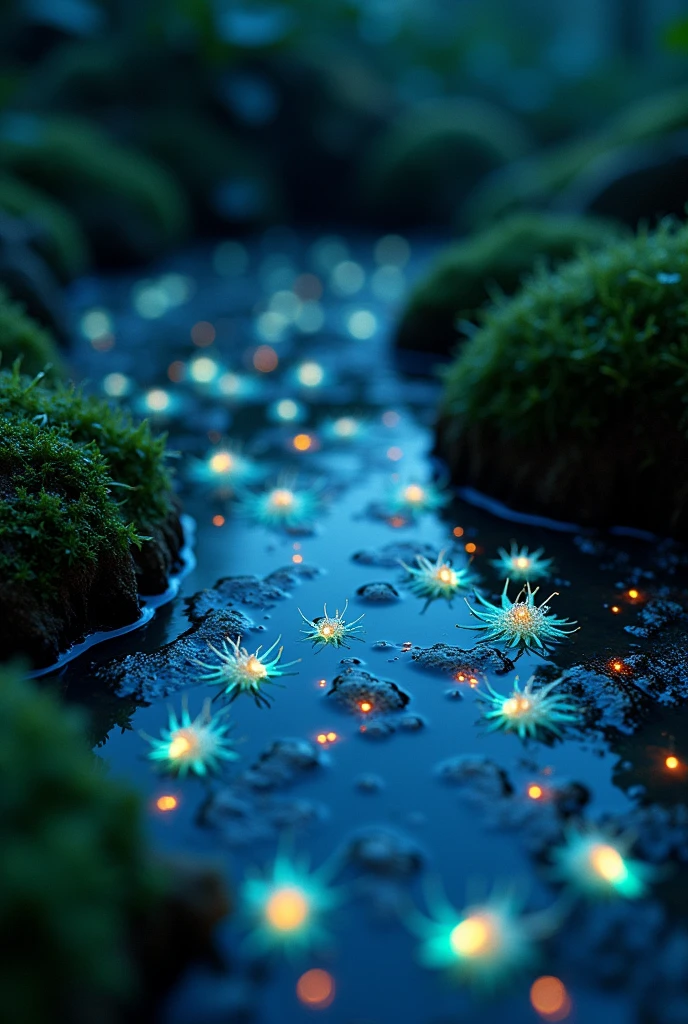 highly detailed macro shot of the complicated happy miniature luminiscent life in a puddle, at night