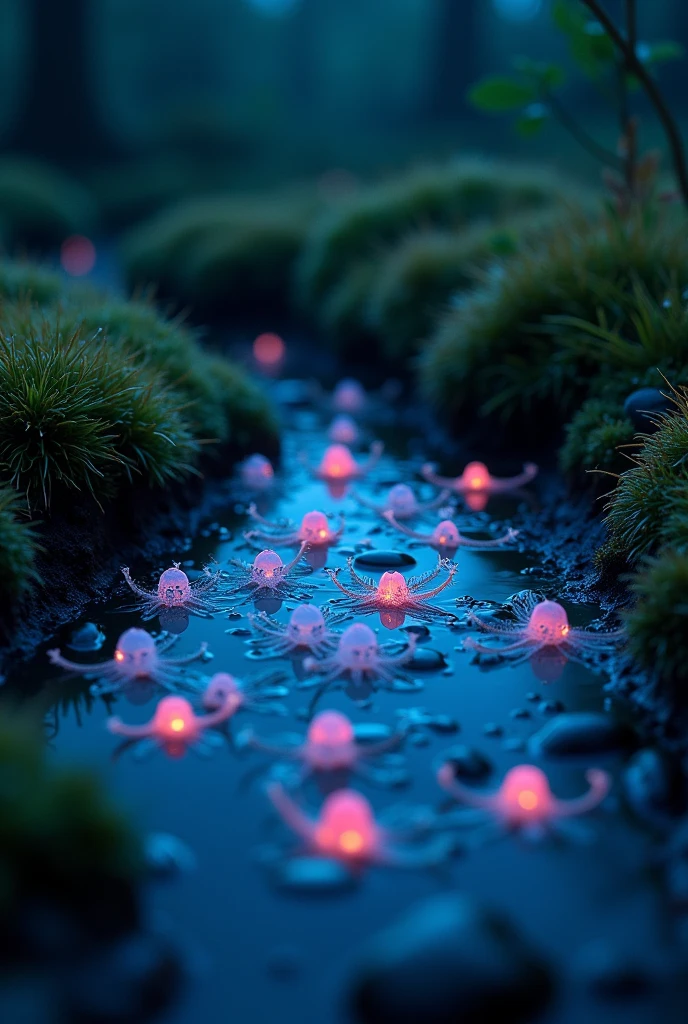 highly detailed macro shot of the complicated happy miniature luminiscent life in a puddle, at night