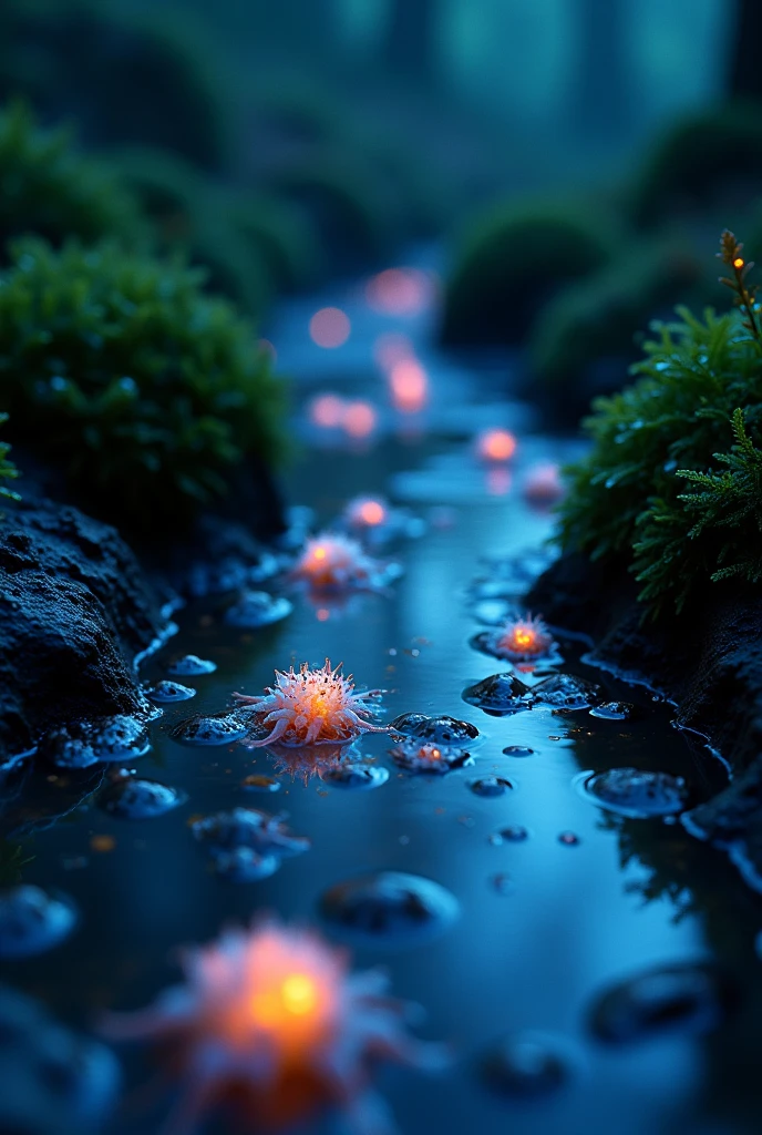 highly detailed macro shot of the complicated happy miniature luminiscent life in a puddle, at night