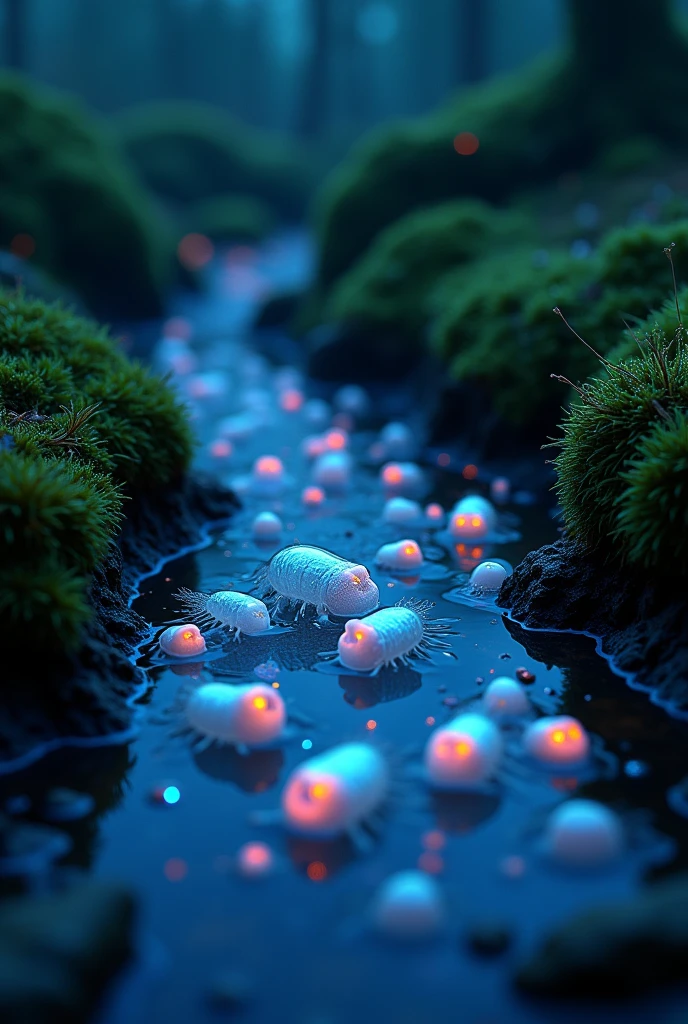 highly detailed macro shot of the complicated happy miniature  luminiscent life in a puddle, at night 