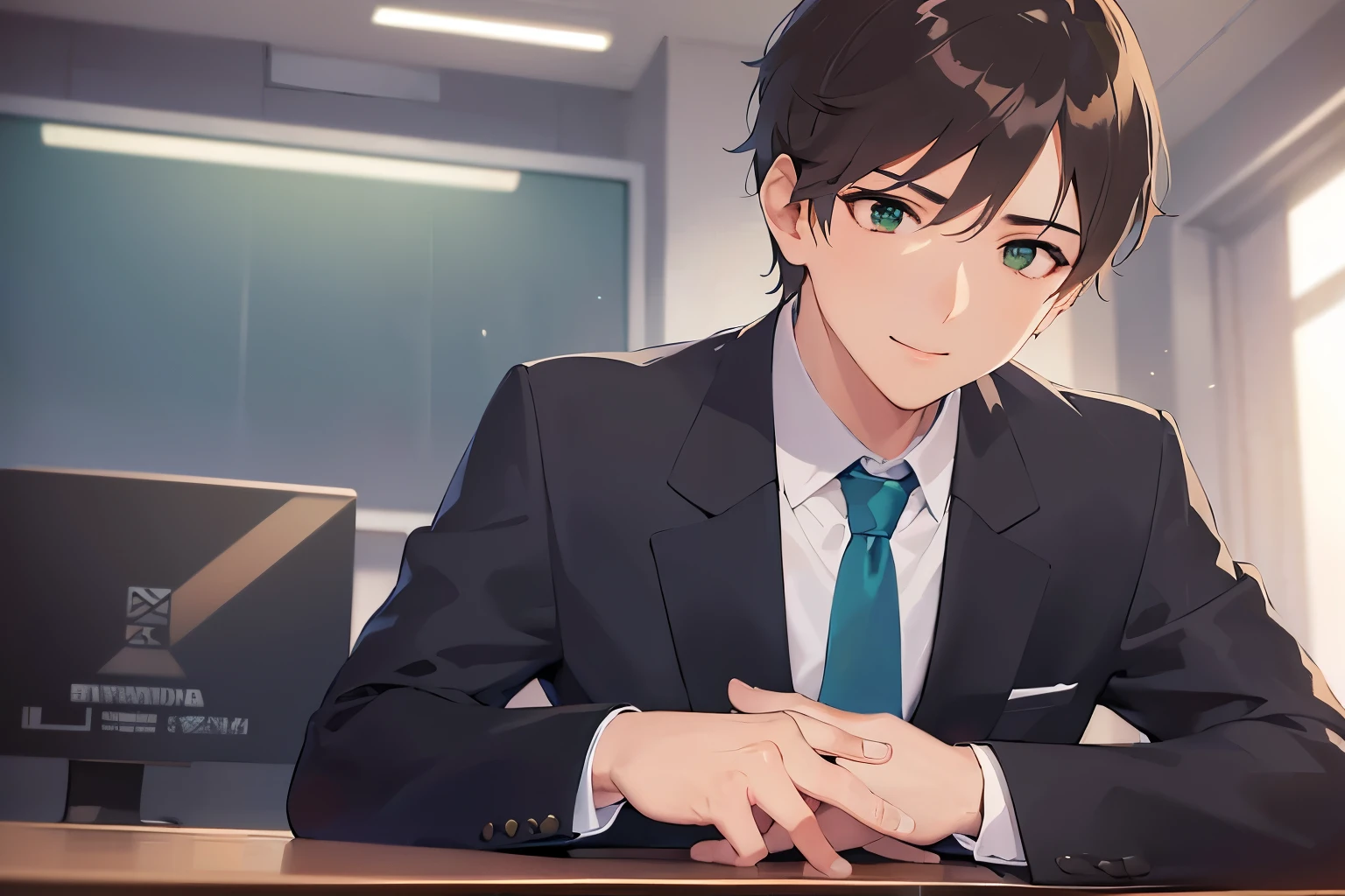 side angle, Close-up of your face、shiny skin, (looking away:1.5)、masterpiece、Highest quality、(2 male:1.5) and (Brown short hair) and (Green Eyes), (Wearing a suit:1.3) and (Blue tie)、Sitting、computer、smile、Background is an office room、(Alone:1.5)、Upper body is shown、
