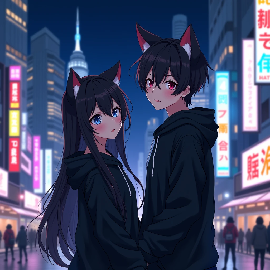 couple anime wearing black hoodie,
with cat ears, in japan citylights background, and the girl is black long hair