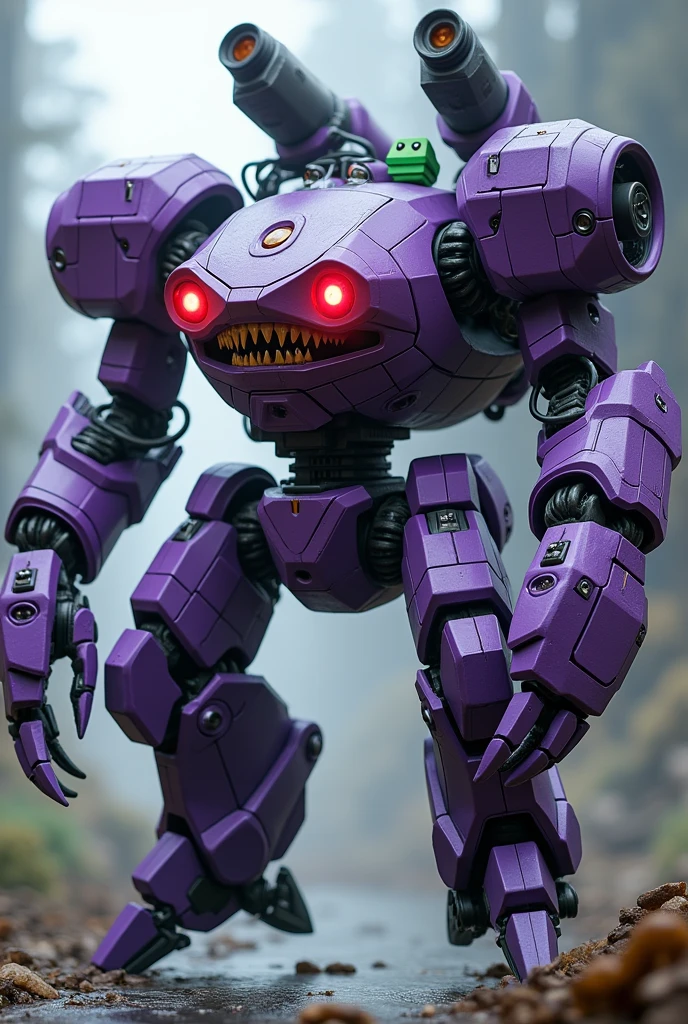  highly detailed hexagonal prism robot with crab-like legs, red eyes, sharp teeth, a purple crab-shaped body, floating on air. claw hand. high tech design.. big bazooka on back pack.oysters shape..purple and silver color. Claw machine arm. Small green guy cube head on control panel. Real. 4k full hd. High contrast. High shutter speed. Metal zoid concept. Power ranger megazord. Gundam barbatos legs. Tuning pose. Punching pose.