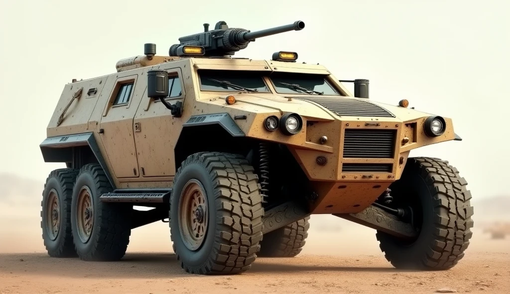 (photorealism:1.2), futuristic military transport veicle 6x6, sci-fi military asault veicle, advanced tech, heavy armored, heavy machine gun in the top, light brown cammo painting, 