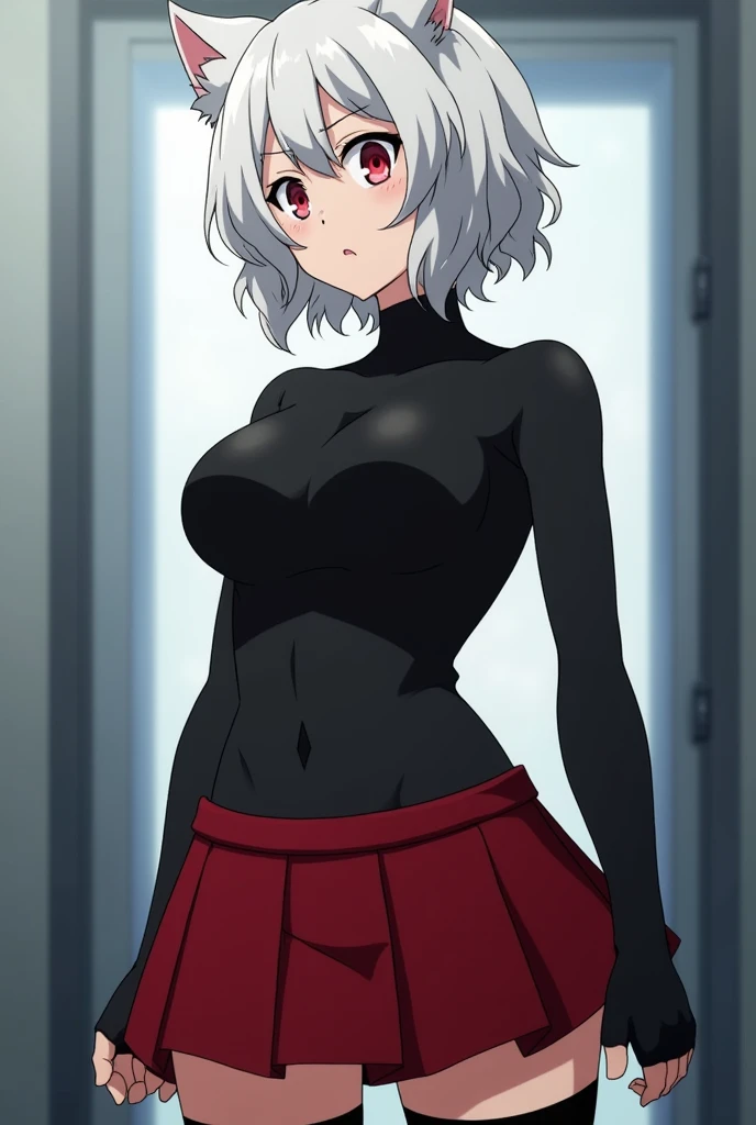 Screenshot of My Hero Academia, girl with white wavy hair and red eyes, a Wolf Cut style cut, Serious look with a black top and a red mini skirt with black stockings and black fingerless gloves, with big breasts without cat ears, She is human and she is a woman 