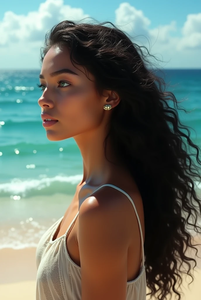 A Brazilian woman with long curly black hair and green eyes and fair skin looking at the sea