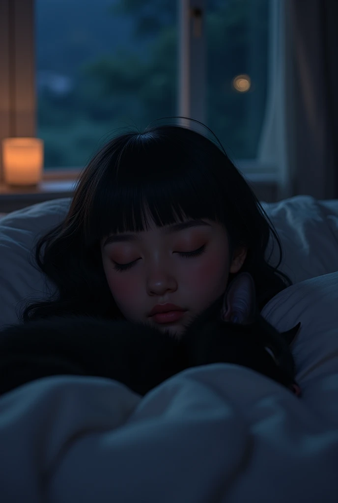 uma negra,sleeping in his dimly lit room,leaving only her straight black hair and bangs visible,your window is open at night,view of the whole room,a black cat sleeping on the bed