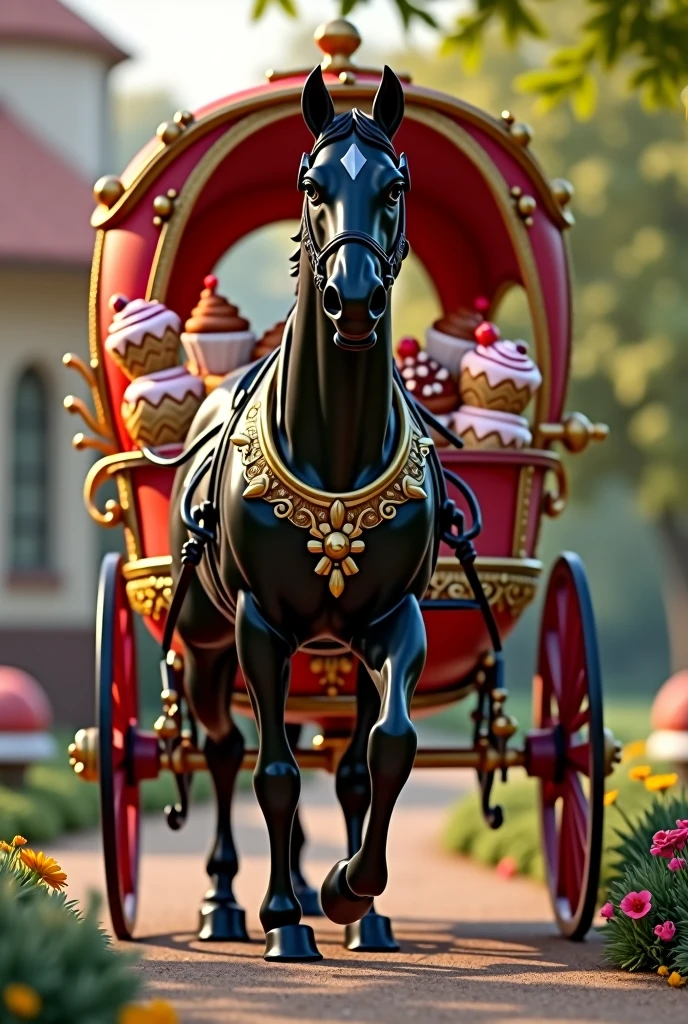 Black purebred horse carriage smiling looking at the camera full of sweets and ice cream