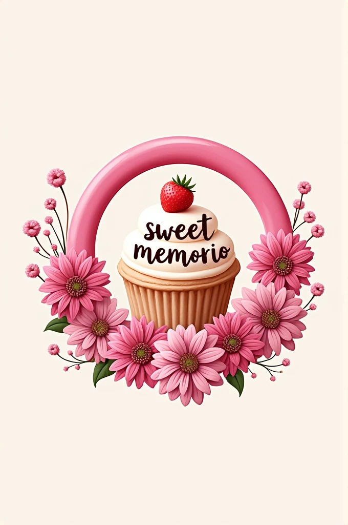 Create a logo that has a pink circle but only the perimeter is that color, inside the circle, I want there to be a cake and on top of the cake to have the sign Sweet Memory, It has to have the slogan flavors that make you remember and outside the perimeter of the circle that have flowers (flores dalias) , but the signs in Spanish, With more quality