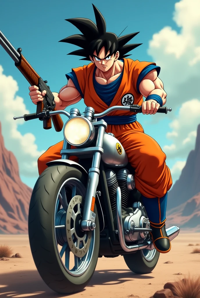 (photorealism:1.2), goku in a motorcycle with a shotgun