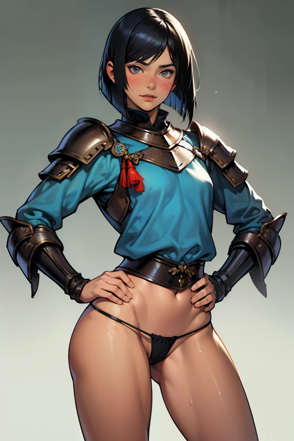 (high resolution, pixel perfect, gorgeous illustrations), (hyper quality, muste piece, etheric: 1.4), ((nsfw)), (((cowboy shot))), face focus, ((1girl)), (((Androgynous))), ((((hand on hip, open stance)))), cool atmosphere, black hair, ((((bob cut)))), (((Exquisite face, orgasm))), blush, ((female)), (ideal ratio body proportions, slender, small breasts), (((armor, thong))), sweat, shiny skin, gleaming skin, simple background,