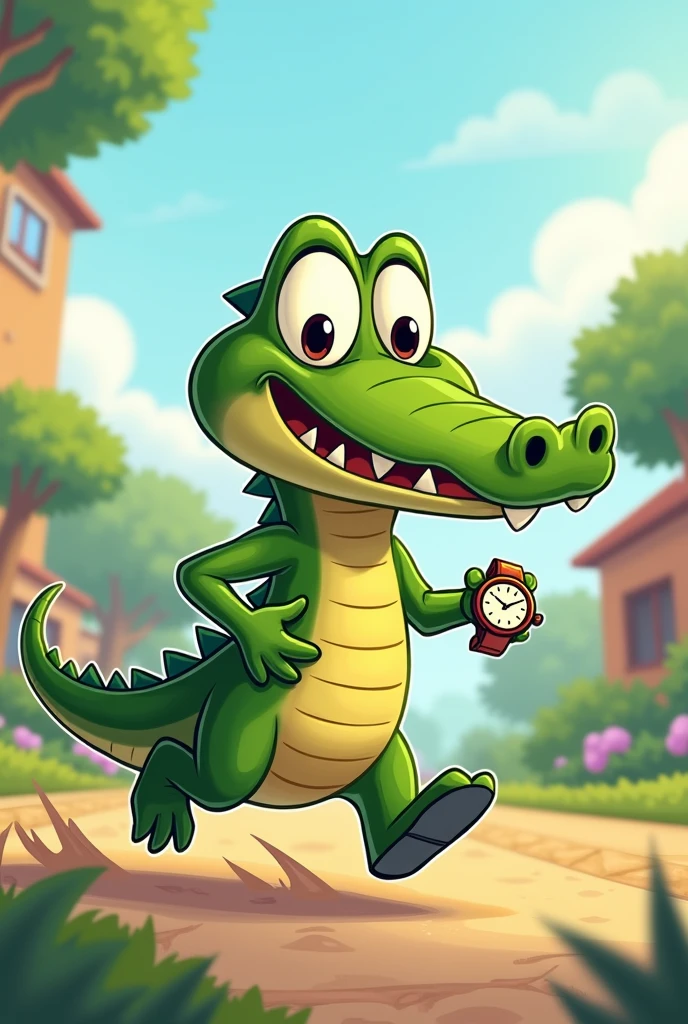 crocodile running late cartoon for ddlers with watch on hand
