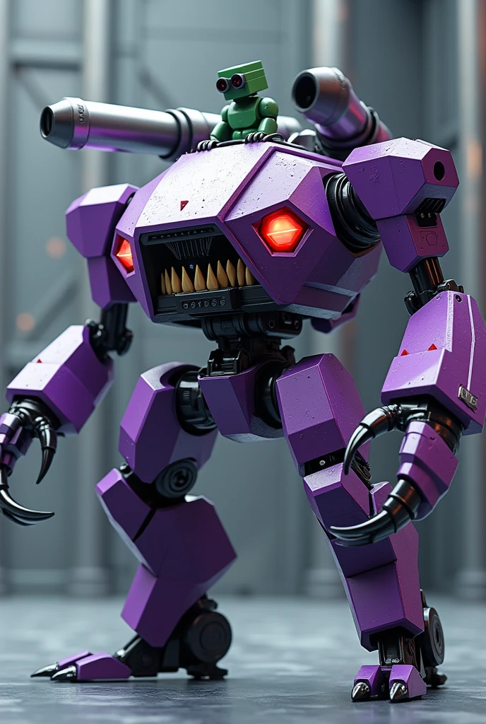 highly detailed hexagonal prism robot with crab-like legs, red eyes, sharp teeth, a purple crab-shaped body, floating on air. claw hand. high tech design.. big bazooka on back pack.oysters shape..purple and silver color. Claw machine arm. Small green guy cube head on control panel. Real. 4k full hd. High contrast. High shutter speed. Metal zoid concept. Power ranger megazord. Gundam Barbados legs. Tuning pose. Punching pose.. binoculars red eyes .
