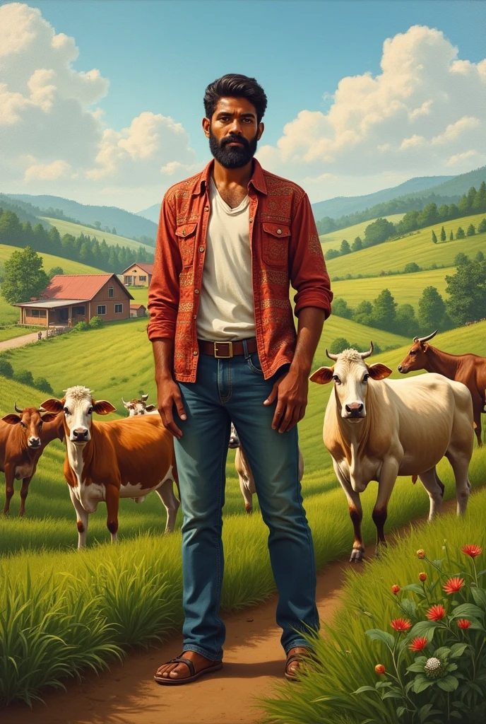 In oil painting "A proud young farmer showing off his successful farm to visiting guests or journalists"** - Highlights with beard young Ramesh’s pride in his achievements."