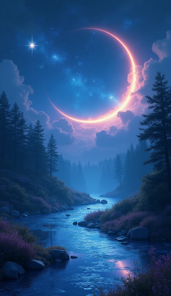 There is a ashy blue night.looking very magical. A star is more twinkle. Under the sky there is a amazing river. There is a rainbow near to horizone. It is night. But there is a rainbow. and also a eclips in one side. Its very imaginaty. But look like true.