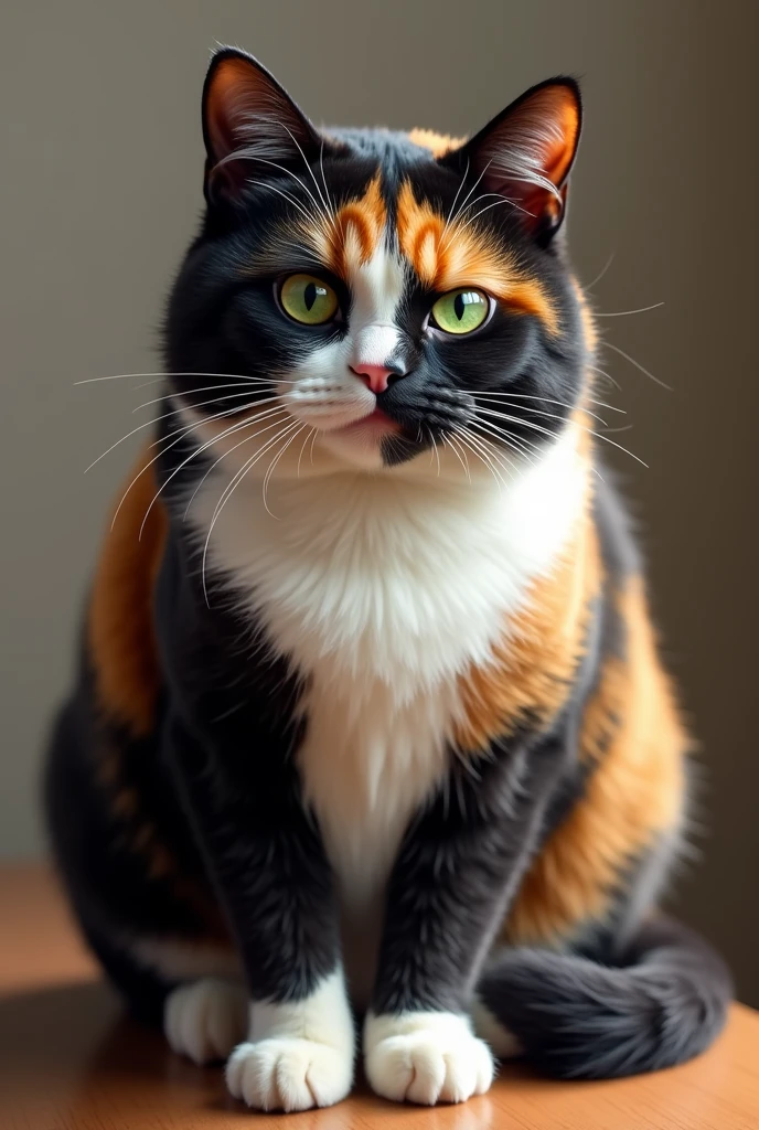 Make a realistic tortoiseshell cat (black color, orange and white), a little chubby and green eyes. That it is female and that it is an adult cat.
That has a black nose. 
The muzzle is black with white spots and most of the face is black but with some orange spots.. 
Also that he has many spots all over his body. 
The white colored legs 