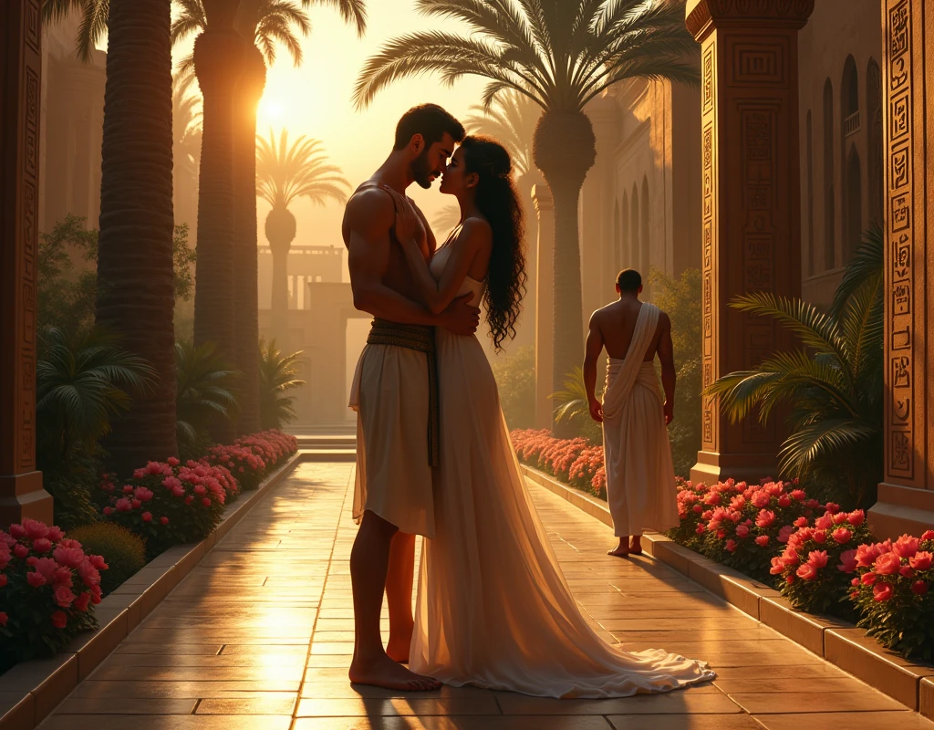 A romantic scene between Tumamose and Amentonet, in a palace garden at dusk, while Chethak, a young ADULT servant, watches them from the shadows ( Ancient Egypt)
