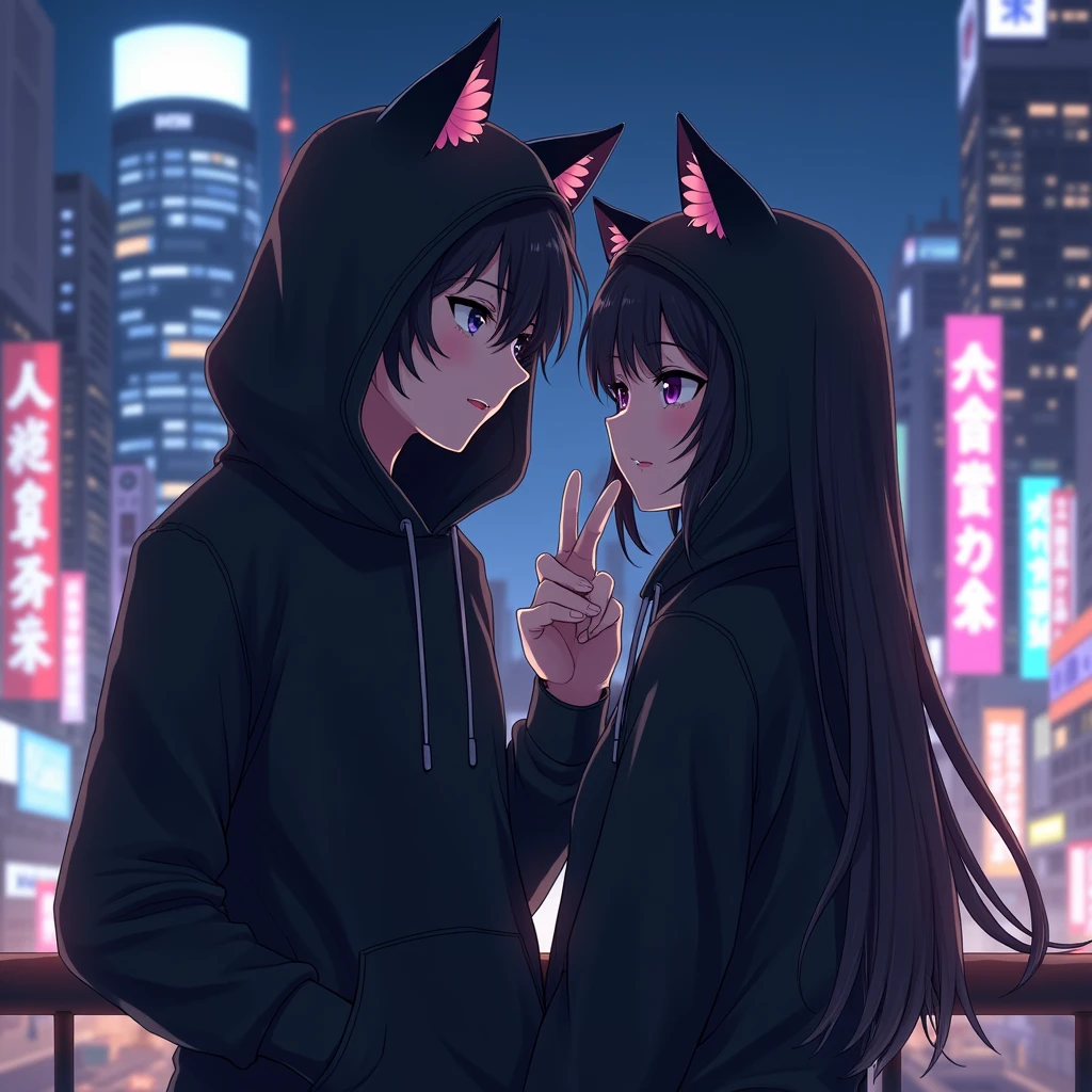 couple anime wearing black hoodie, 
with cat ears, in japan citylights background, and the girl is black long hair