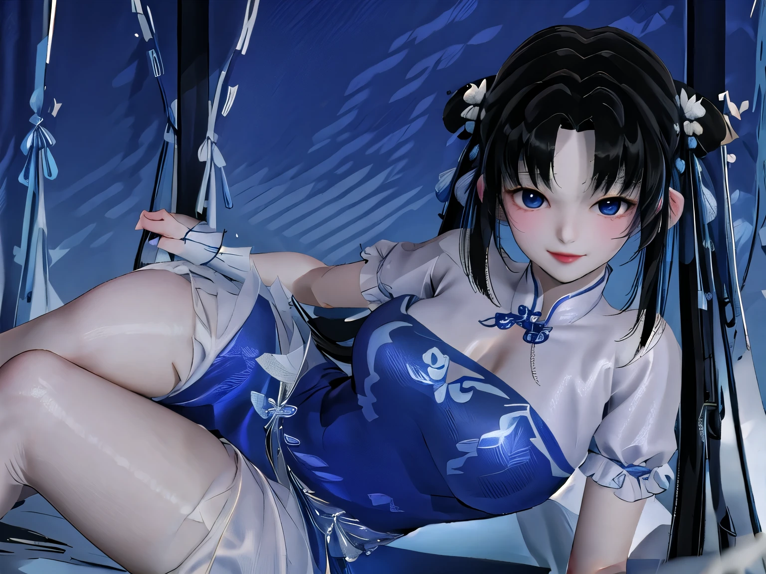 masterpiece，best quality，Zhao Linger，Wearing blue and white clothes、Young girl with long black hair，Wearing sexy swimsuit，Wearing a collar，Smiling