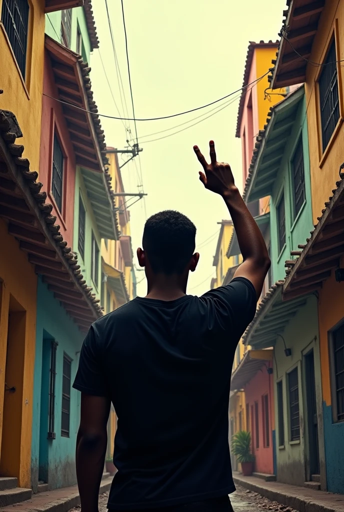  with his back to the favela with his hand making a three-finger sign 