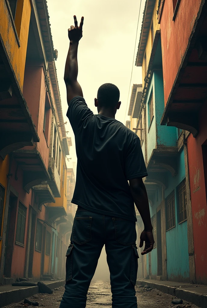 with his back to the favela with his hand making a three-finger sign 