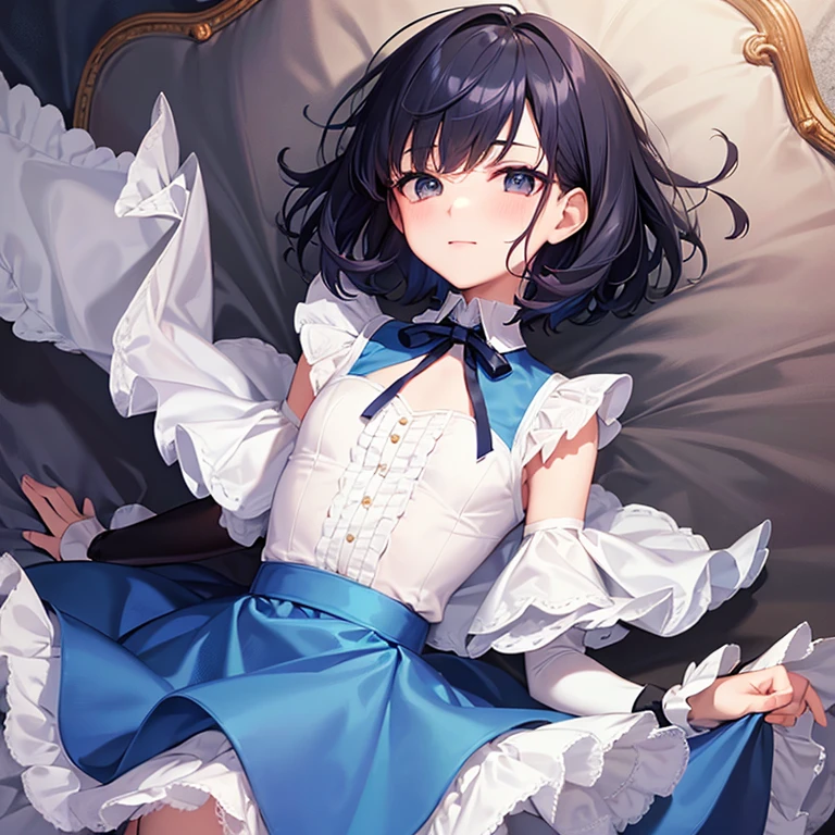 Highest quality, Androgynous male,Cute Face,Flat Chest,Short Bob Cut,Tutu skirt,Lace blouse,White blouse,Blouse with collar,Ribbon on neck,sleeve,Blue Skirt,Black Hair,Laugh shyly, blush, 