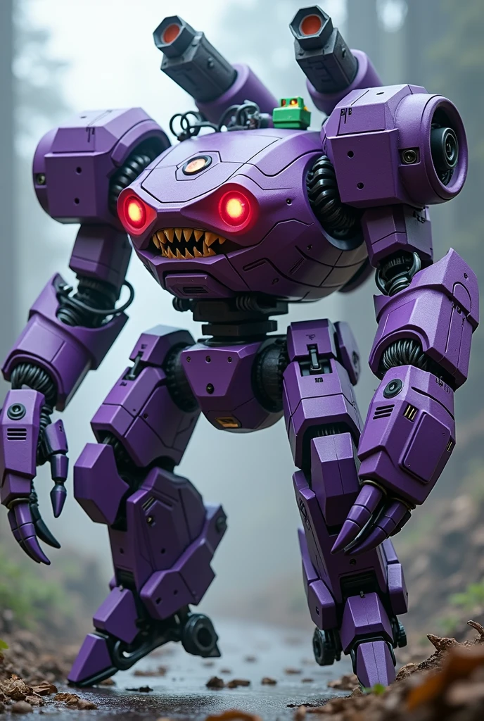 highly detailed hexagonal prism robot with crab-like legs, red eyes, sharp teeth, a purple crab-shaped body, floating on air. claw hand. high tech design.. big bazooka on back pack.oysters shape..purple and silver color. Claw machine arm. Small green guy cube head on control panel. Real. 4k full hd. High contrast. High shutter speed. Metal zoid concept. Power ranger megazord. Gundam barbatos legs. Tuning pose. Punching pose.