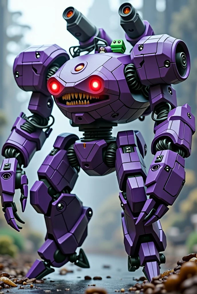 highly detailed hexagonal prism robot with crab-like legs, red eyes, sharp teeth, a purple crab-shaped body, floating on air. claw hand. high tech design.. big bazooka on back pack.oysters shape..purple and silver color. Claw machine arm. Small green guy cube head on control panel. Real. 4k full hd. High contrast. High shutter speed. Metal zoid concept. Power ranger megazord. Gundam barbatos legs. Tuning pose. Punching pose.