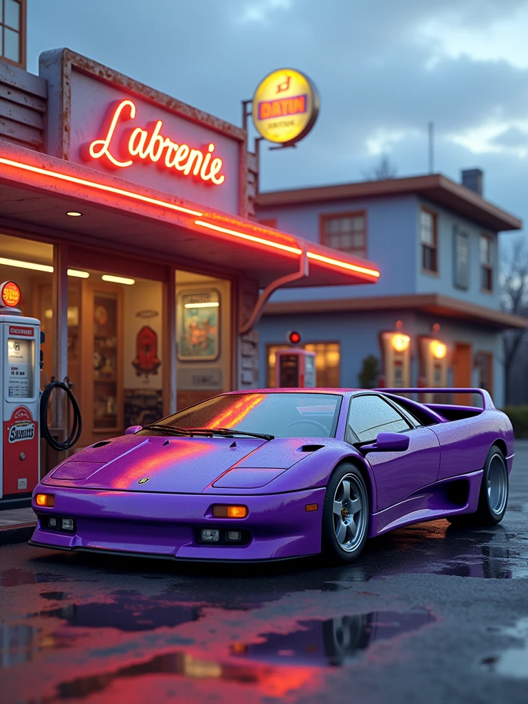 purple lamborghini diablo classic parked in front of a gas station, highly detailed hyper real retro, vehicle photography, car photography, automotive photography, octane ray tracing, photo realistic octane render, auto photography, detailed cinematic photography, classic cars, lamborghini diablo, octane cgsociety, wide body, photo, vibrant