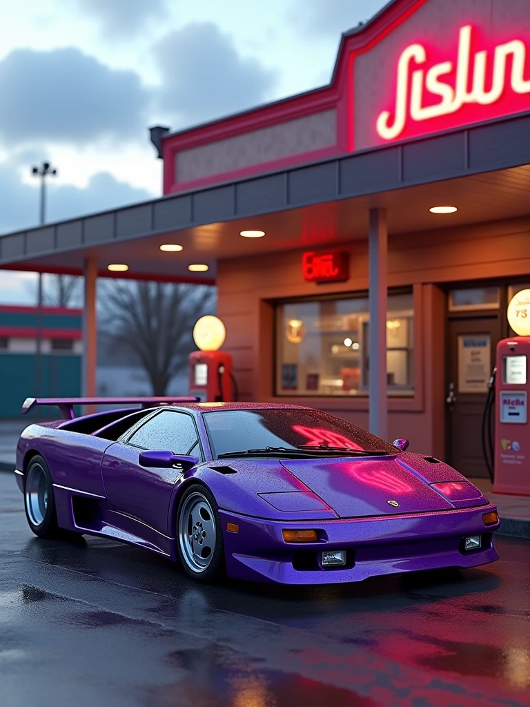 purple lamborghini diablo classic parked in front of a gas station, highly detailed hyper real retro, vehicle photography, car photography, automotive photography, octane ray tracing, photo realistic octane render, auto photography, detailed cinematic photography, classic cars, lamborghini diablo, octane cgsociety, wide body, photo, vibrant