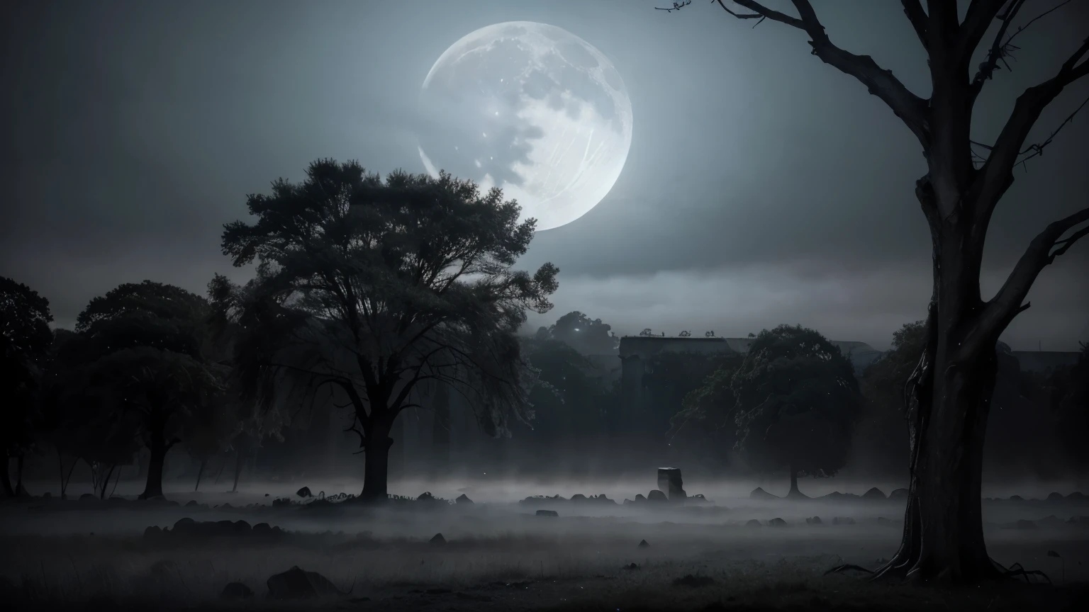 (photorealism:1.2), dark eerie landscape, foggy atmosphere, twisted leafless trees, skeletal branches, moonlit sky, long haunting shadows, mist-covered ground, distant ancient ruins, fog, full moon behind clouds, ominous light, mysterious, spooky, intricate details, dark muted colors, realistic,