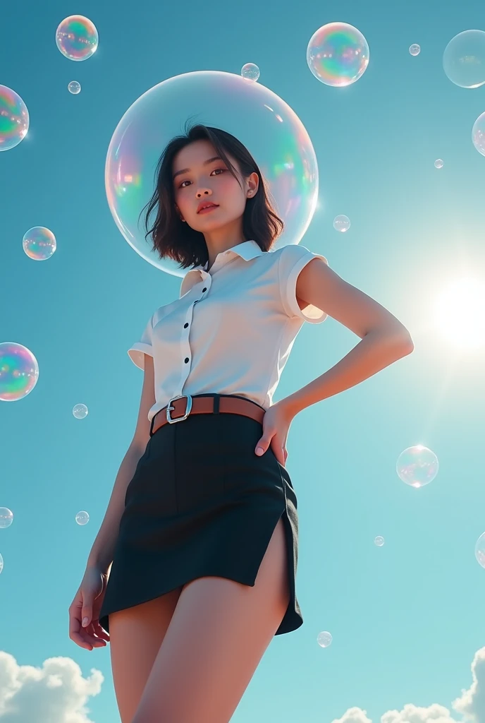 25s woman with bubble head, Thai university uniform, black tight slit mini skirt, slim and perfect figure, medium breasts, emphasize on breasts and hip and bottoms and thigh, rule of thirds, white tight between cap-sleeve and short-sleeve button up shirt for woman, white sneakers, brown suede belt, silver modern canvas belt buckle, silver shirt buttons, dynamic compositions, slender, bubble head, bubble arms, bubble legs, rainbow refection on bubbles, blue sky background, sun behind, surreal, abstract