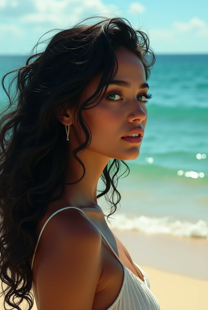 A Brazilian woman with long curly black hair and green eyes and fair skin looking at the sea