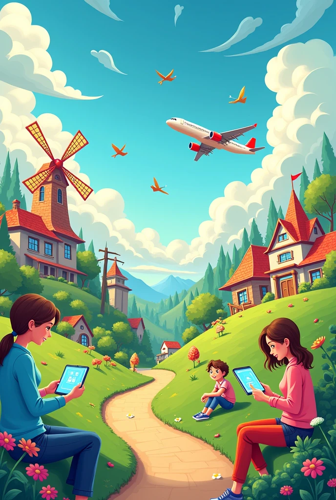 Cartoon Beautiful scenery with buildings, airplane, windmill, with a people using social media