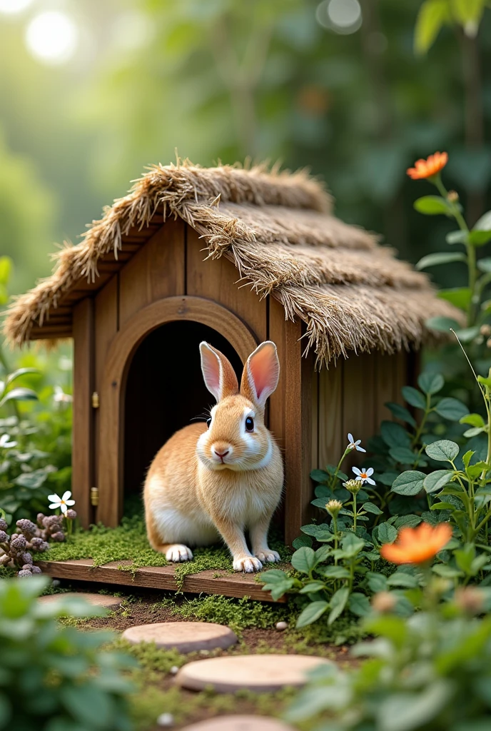 Design a realistic pet rabbit house for me that is surrounded with a boundary. The house should blend into the garden and be realistic. Plus add a grass pallets litter box