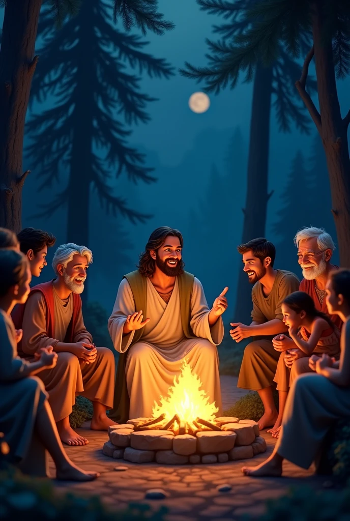 .	Jesus Sharing Stories Around a Campfire: A cozy, intimate scene of Jesus sitting around a crackling campfire with a diverse group of people, including children, adults, and the elderly. The flames cast a warm glow on everyone’s faces as they listen intently to Jesus, who is mid-story, smiling and gesturing with his hands. The background shows a starry night sky with towering trees silhouetted against the moonlight, creating a magical, almost timeless feel. The moment is filled with connection,
