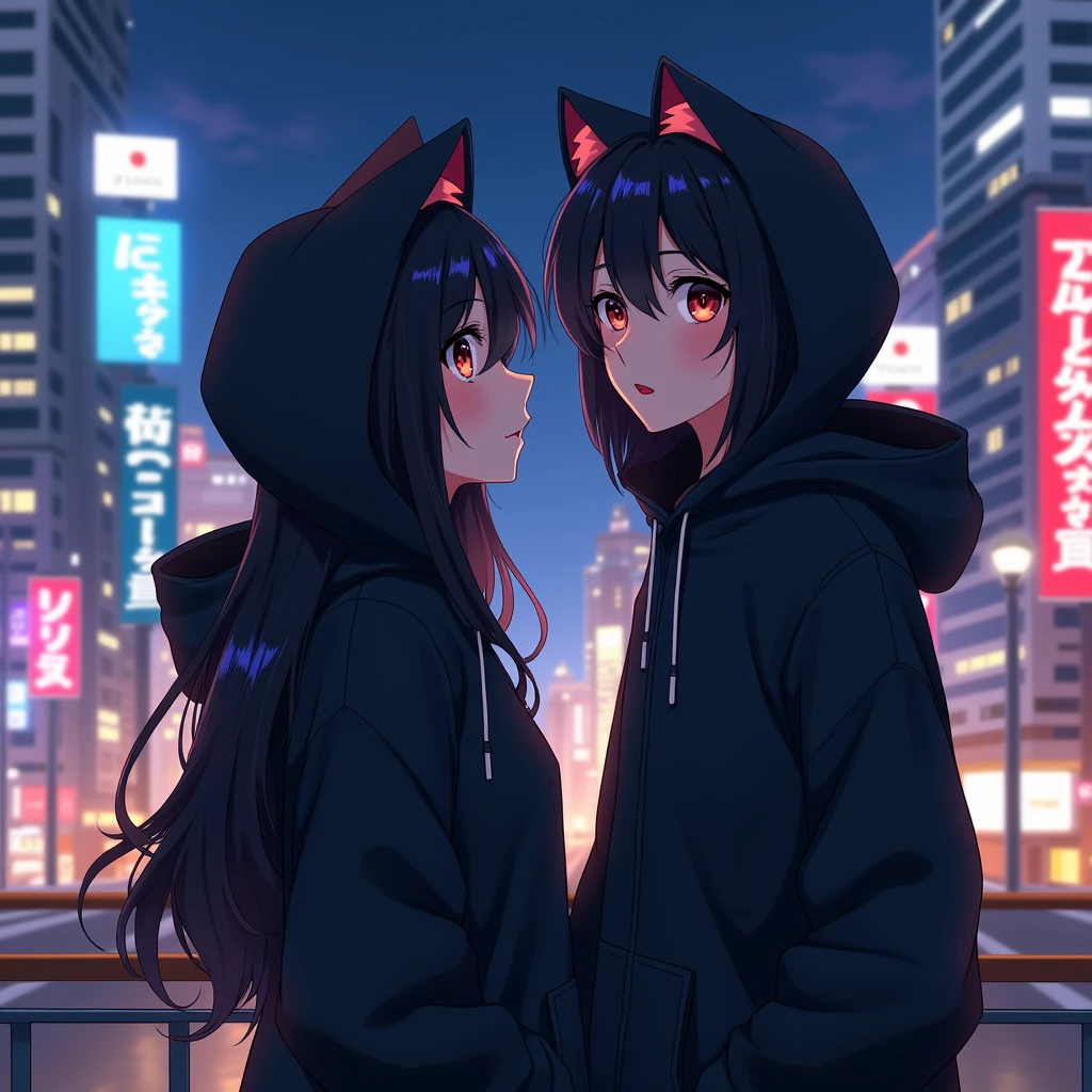 couple anime wearing black hoodie, 
with cat ears, in japan citylights background, and the girl is black long hair