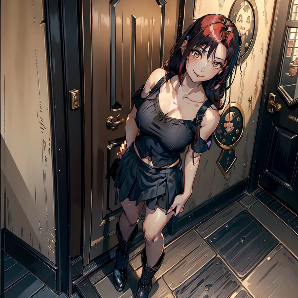 women, Natural redhead with 2 braids, honey yellow eyes, long black nails, chest a little big, mischievous smile, sinister smile, short black skirt, black off shoulder blouse, black shoes with boots, Whole body, standing at the entrance of a house leaning forward at the entrance of a door, plane from above, leaning against the door entrance.